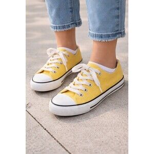 Yellow Canvas Low Top Sneakers Lace Up Casual Shoes Rubber Toe Woman Comfort 7